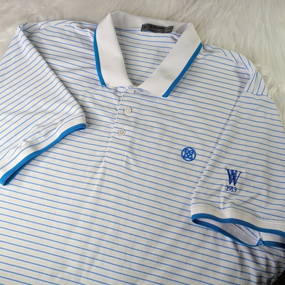 G/FORE Polo Shirt Mens XXL White Blue Striped Short Sleeve W 1913‎ Logo